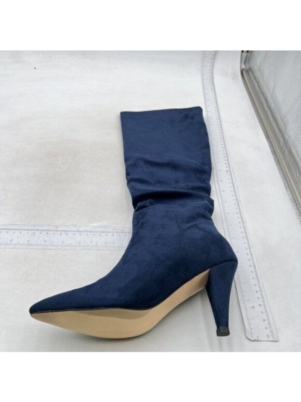 Sassy Cone Mid Heels Thigh High Boots for Women Over The Knee Stretchy Blue Shoe